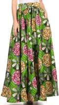 Sakkas Kelela Unique Designs Wax Print Adjustable Waist Long Tall Skirt#color_Green / Pink