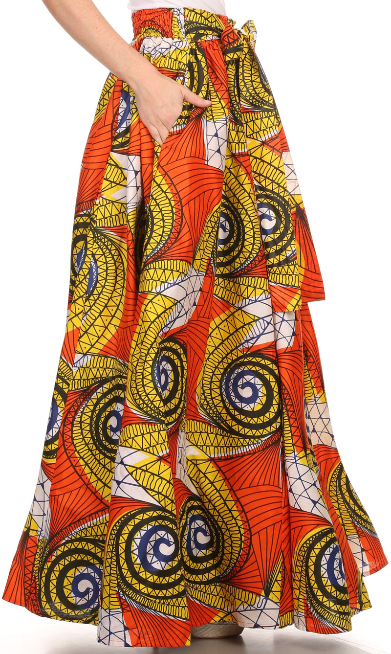 Sakkas Kelela Unique Designs Wax Print Adjustable Waist Long Tall Skirt
