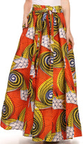 Sakkas Kelela Unique Designs Wax Print Adjustable Waist Long Tall Skirt#color_Orange / White