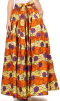 Sakkas Kelela Unique Designs Wax Print Adjustable Waist Long Tall Skirt#color_Purple / Orange