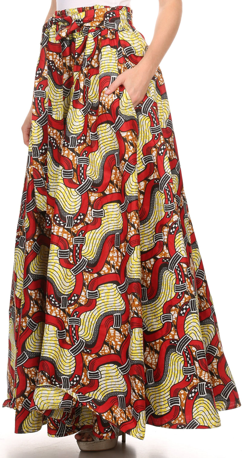 Sakkas Kelela Unique Designs Wax Print Adjustable Waist Long Tall Skirt