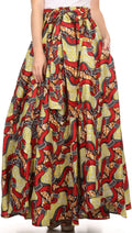 Sakkas Kelela Unique Designs Wax Print Adjustable Waist Long Tall Skirt#color_Red / Black