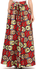 Sakkas Kelela Unique Designs Wax Print Adjustable Waist Long Tall Skirt#color_Red / Yellow