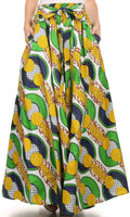 Sakkas Kelela Unique Designs Wax Print Adjustable Waist Long Tall Skirt#color_Yellow / Brown
