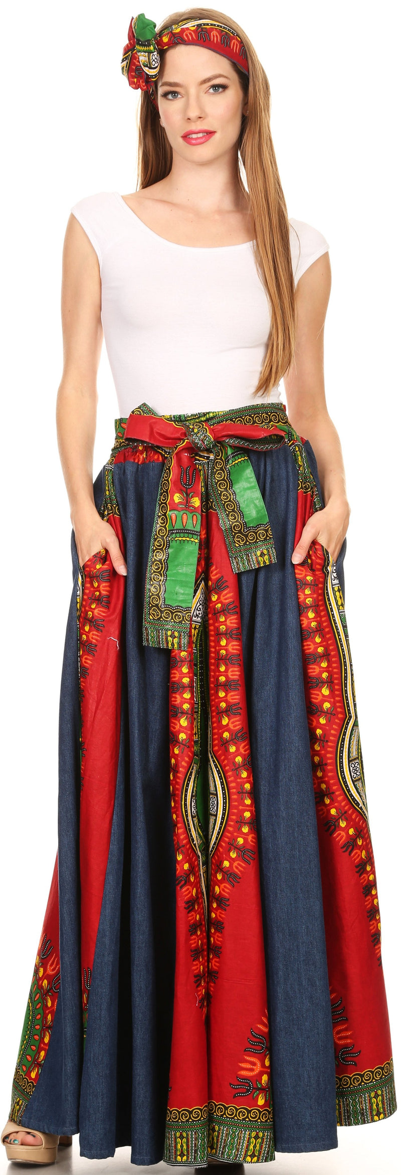Sakkas Marah Tribal Ankara Wax Print and Denim Convertible Maxi Skirt