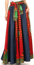 Sakkas Marah Tribal Ankara Wax Print and Denim Convertible Maxi Skirt#color_Burgundy 