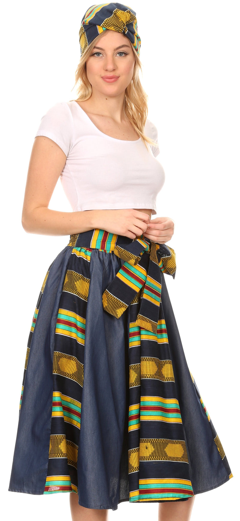 Sakkas Dayo Circle Mid Skirt with Elastic Waist Colorful Ankara African Wax Dutch