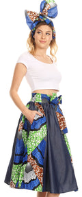Sakkas Dayo Circle Mid Skirt with Elastic Waist Colorful Ankara African Wax Dutch#color_33-Multi