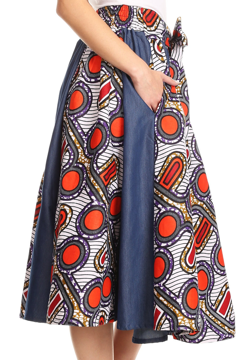 Sakkas Dayo Circle Mid Skirt with Elastic Waist Colorful Ankara African Wax Dutch