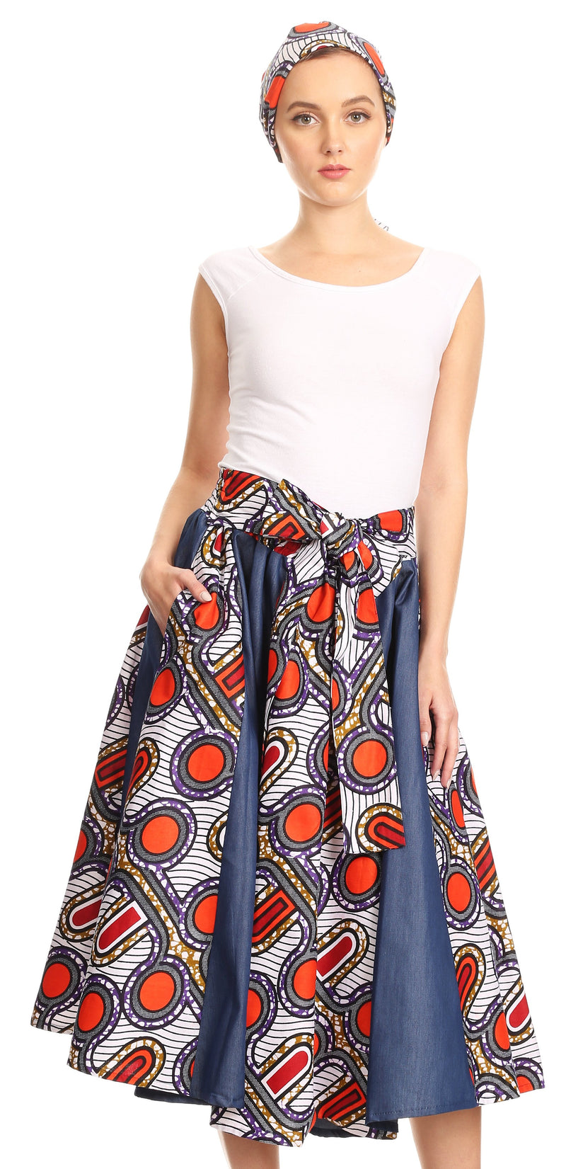 Sakkas Dayo Circle Mid Skirt with Elastic Waist Colorful Ankara African Wax Dutch