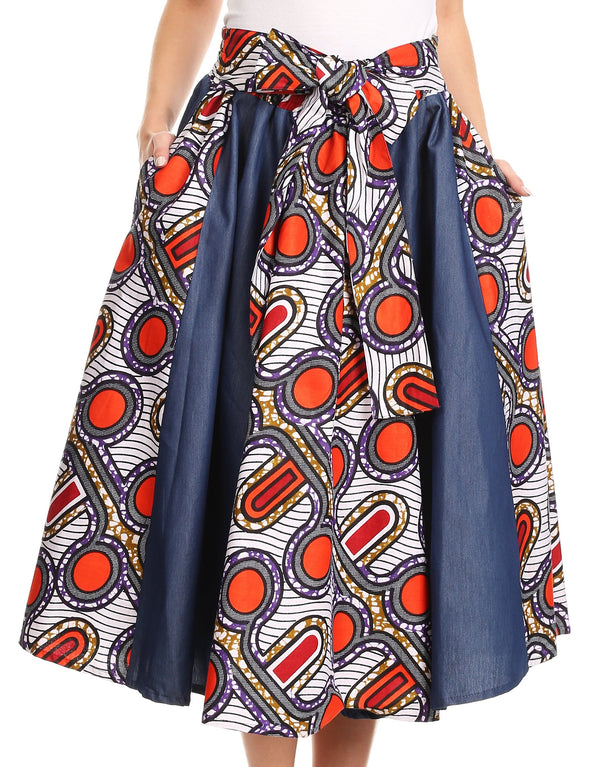 Sakkas Dayo Circle Mid Skirt with Elastic Waist Colorful Ankara African Wax Dutch#color_WaxMultigeometric7