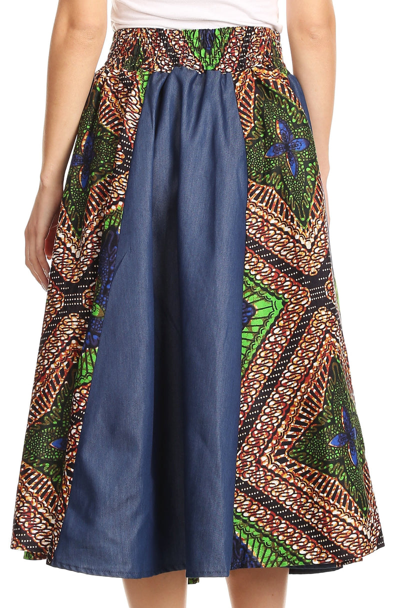 Sakkas Dayo Circle Mid Skirt with Elastic Waist Colorful Ankara African Wax Dutch