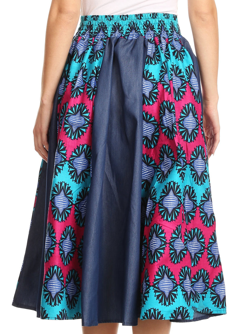 Sakkas Dayo Circle Mid Skirt with Elastic Waist Colorful Ankara African Wax Dutch