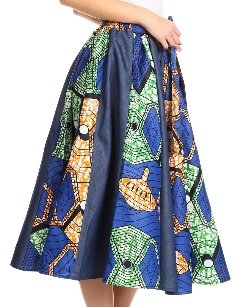 Sakkas Dayo Circle Mid Skirt with Elastic Waist Colorful Ankara African Wax Dutch