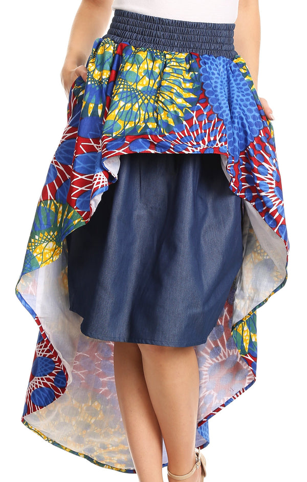 Sakkas Bahati Hi Low Mermaid African Ankara Dutch Wax Cotton Skirt Colorful#color_WaxBluetribal2