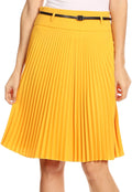 Sakkas Knee Length Pleated A-Line Skirt with Skinny Belt#color_Mustard