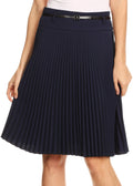 Sakkas Knee Length Pleated A-Line Skirt with Skinny Belt#color_Navy