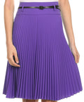 Sakkas Knee Length Pleated A-Line Skirt with Skinny Belt#color_Purple