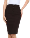 Sakkas Petite High Waist Stretch Pencil Skirt with Four Button Detail#color_Brown