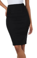 Sakkas Petite High Waist Stretch Pencil Skirt with Shirred Waist Detail#color_Black