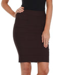 Sakkas Knee Length Tiered Sleek Stretch Skirt#color_Brown