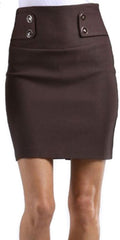 High Waist Stretch Pencil Skirt with Button Detail#color_Brown
