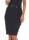 Sakkas Petite High Waist Shirred Stretch Pencil Skirt with Wide Belt#color_Black