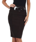 Sakkas Petite High Waist Shirred Stretch Pencil Skirt with Wide Belt#color_Brown