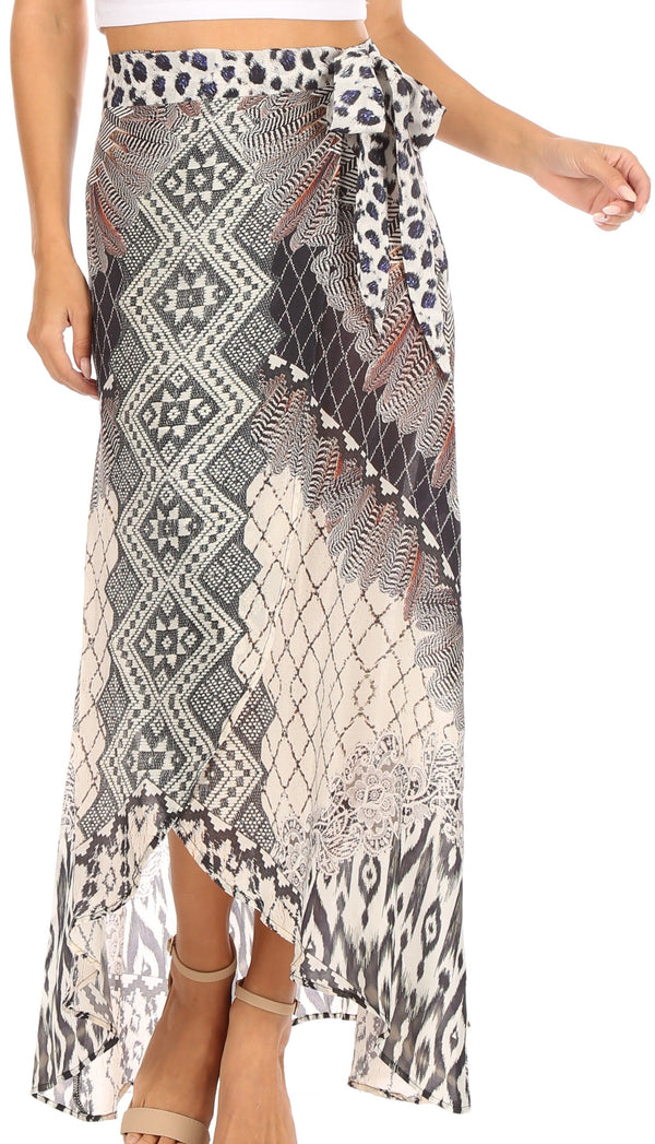 Sakkas Amaia Women's Maxi Floral Print Boho Summer Casual Long Wrap Skirt Cover-up#color_AW372-White