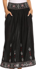 Sakkas Poch Long Tribal Aztec Floral Flower Embroidered Adjustable Waist Skirt #color_Black