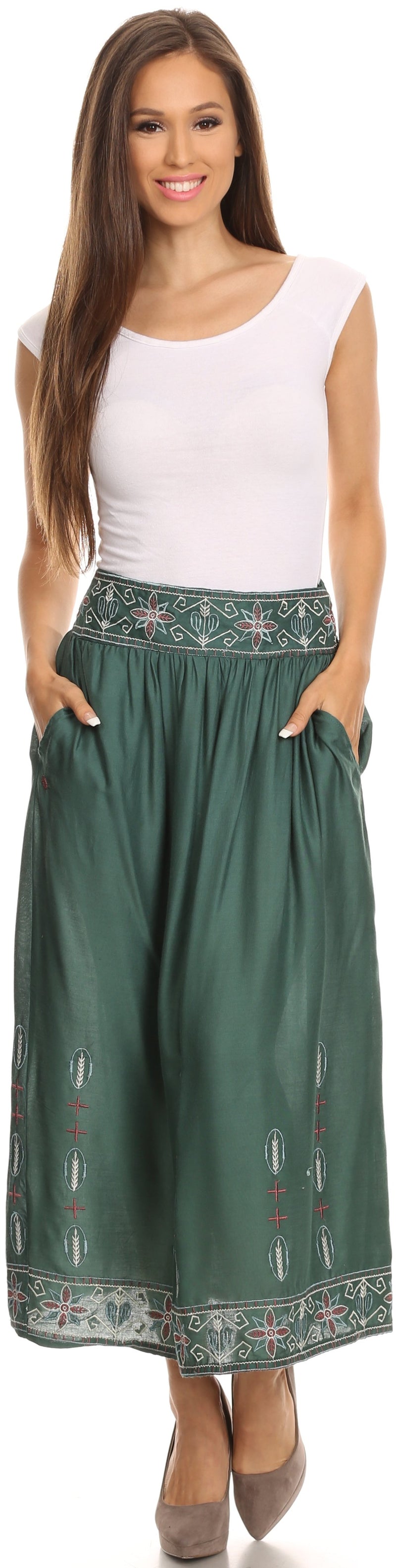 Sakkas Poch Long Tribal Aztec Floral Flower Embroidered Adjustable Waist Skirt