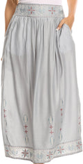 Sakkas Poch Long Tribal Aztec Floral Flower Embroidered Adjustable Waist Skirt #color_Grey