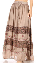 Sakkas Sandra Women's Casual Long Maxi Boho Gypsy Skirt Elastic Waist & Pockets#color_Beige