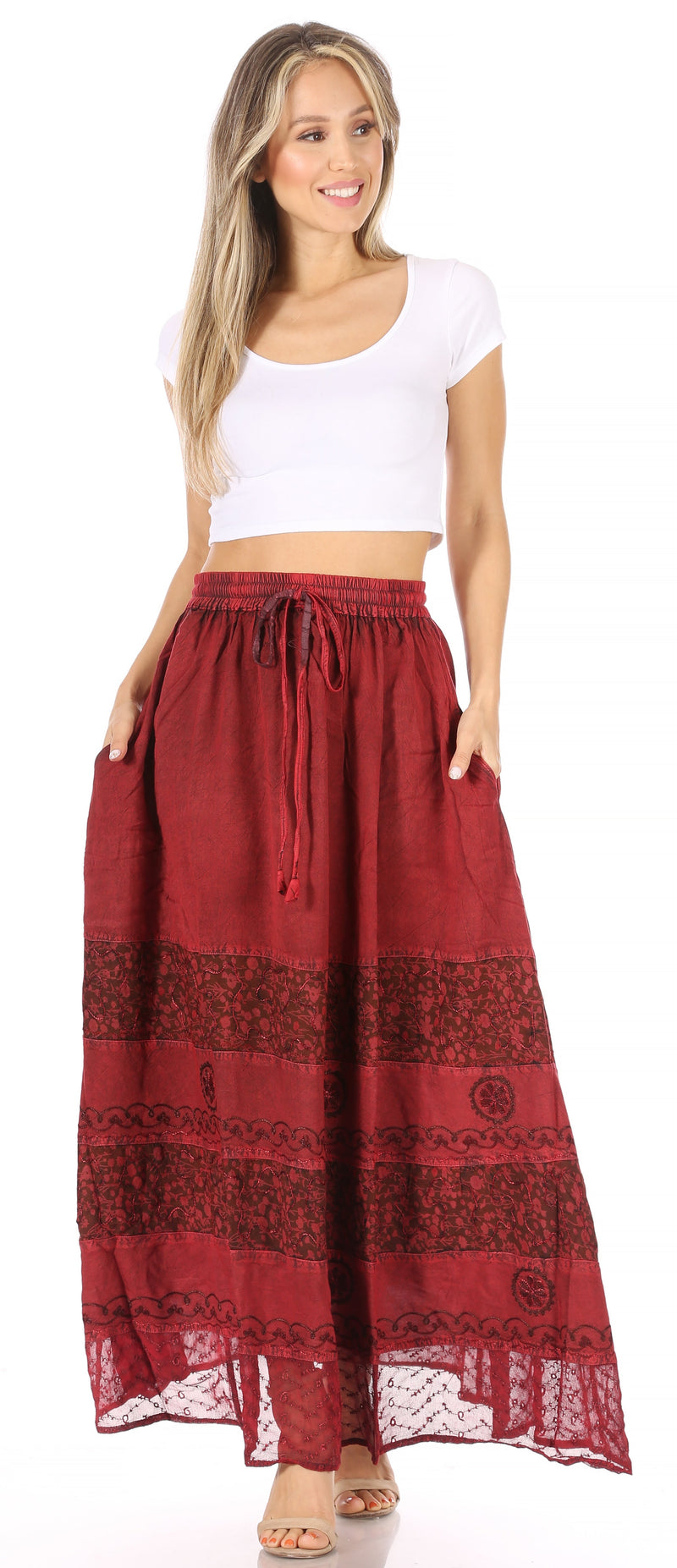 Sakkas Sandra Women's Casual Long Maxi Boho Gypsy Skirt Elastic Waist & Pockets