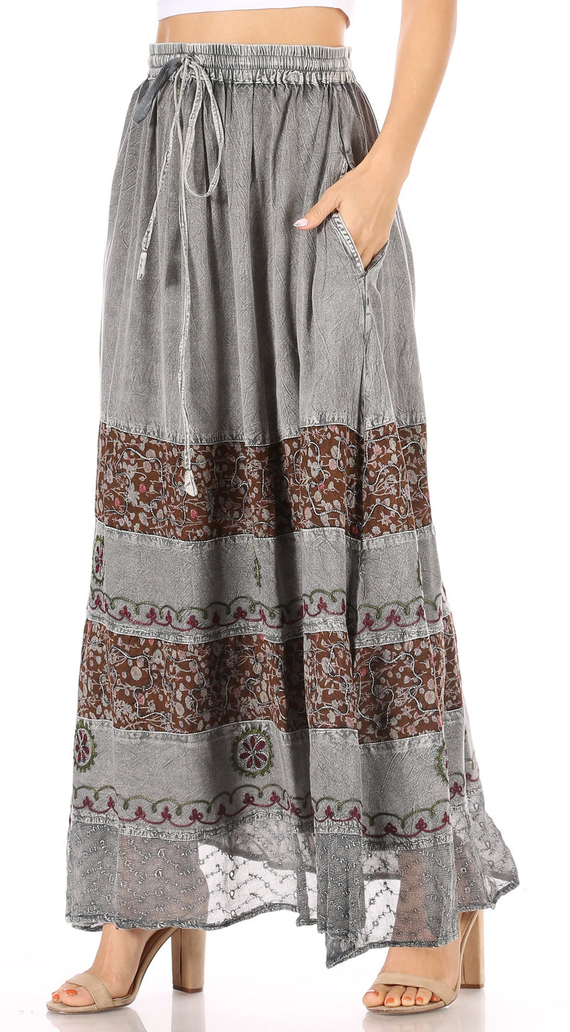 Sakkas Sandra Women's Casual Long Maxi Boho Gypsy Skirt Elastic Waist & Pockets