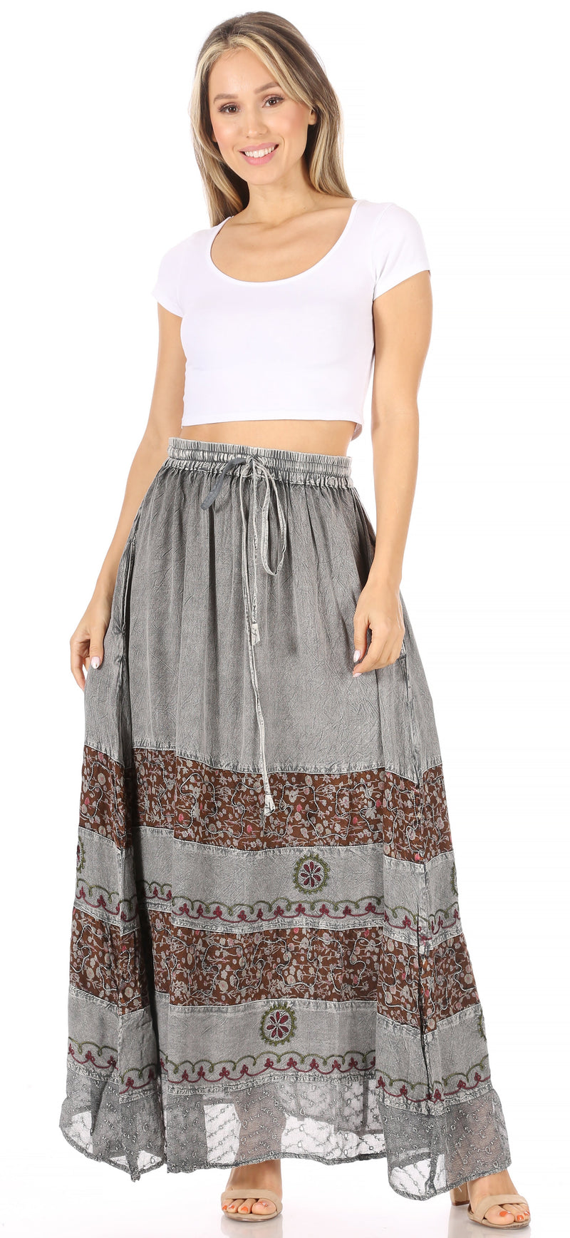 Sakkas Sandra Women's Casual Long Maxi Boho Gypsy Skirt Elastic Waist & Pockets