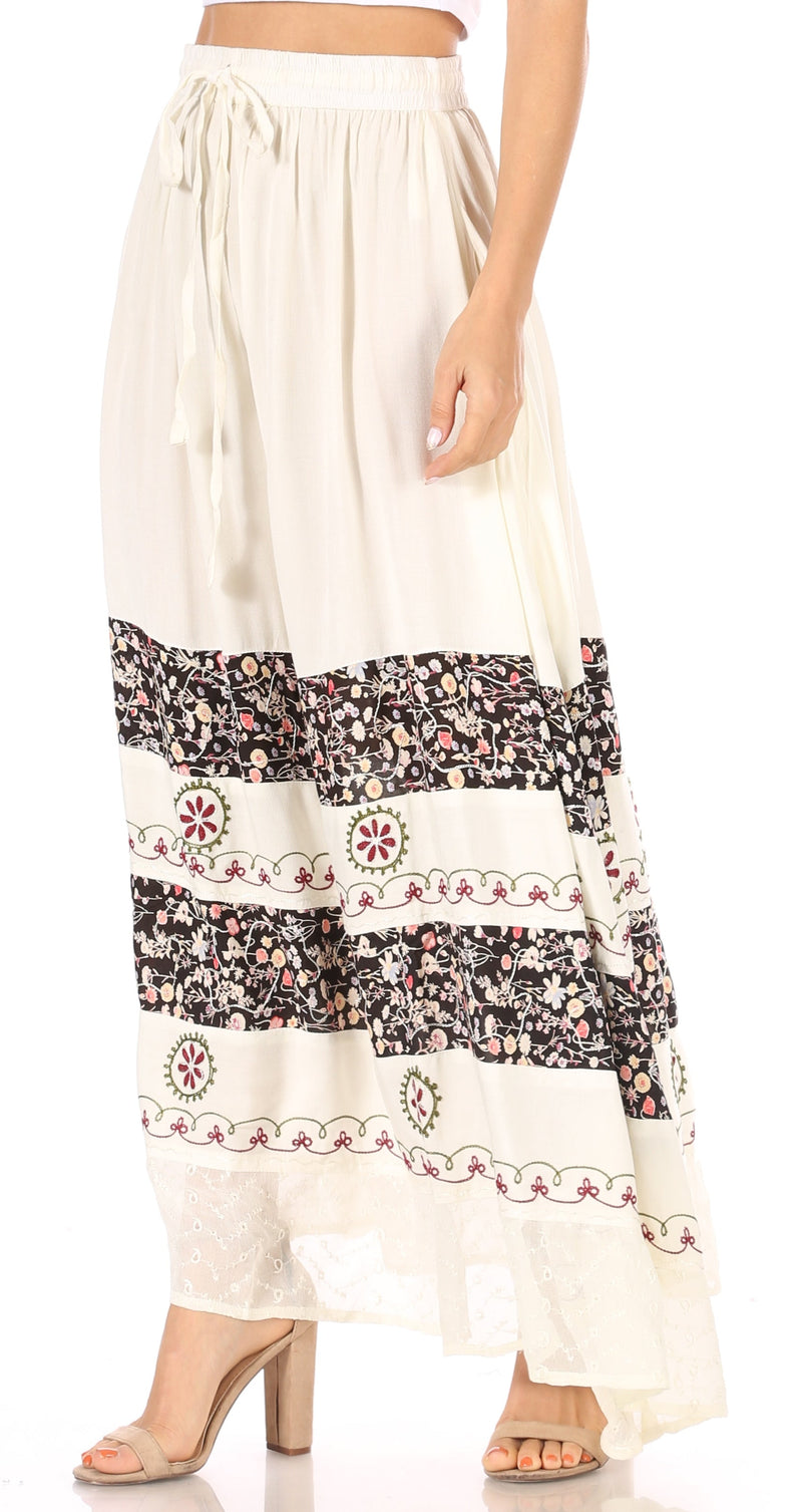 Sakkas Sandra Women's Casual Long Maxi Boho Gypsy Skirt Elastic Waist & Pockets