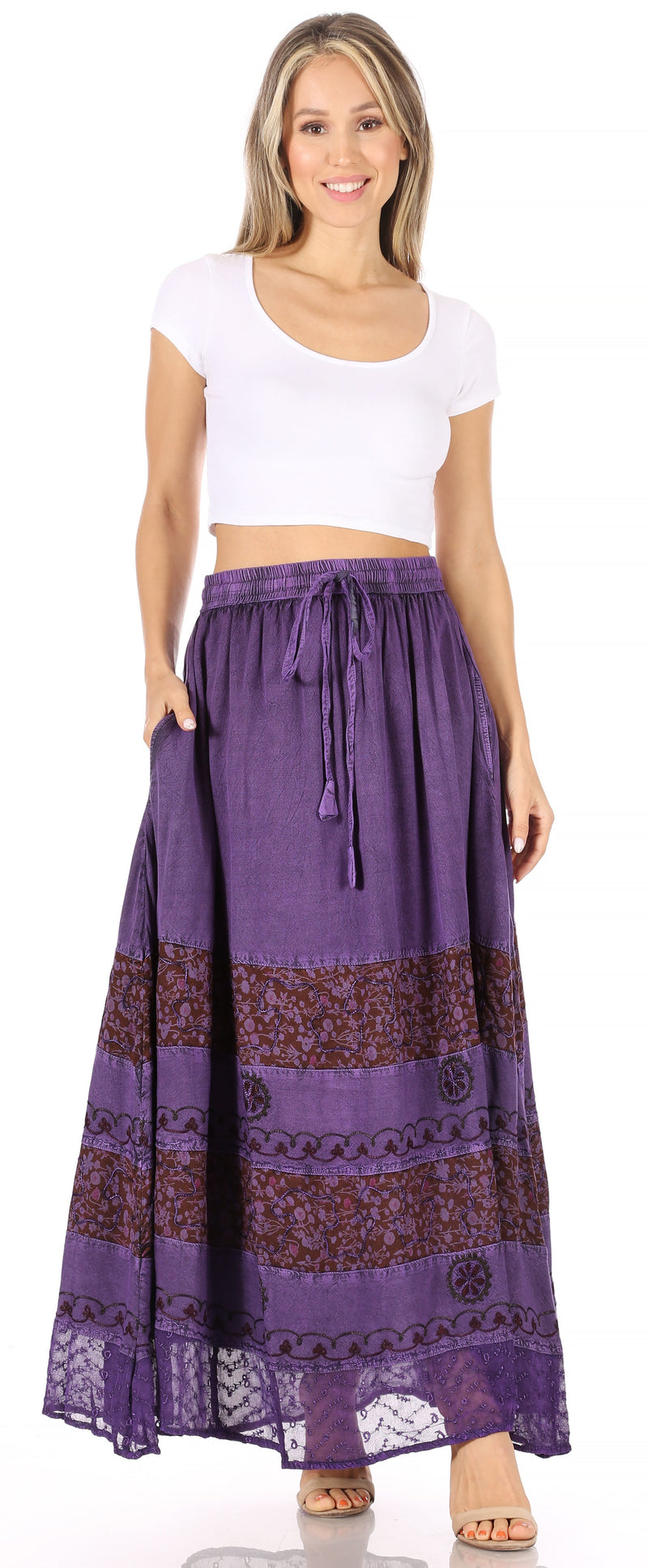 Sakkas Sandra Women's Casual Long Maxi Boho Gypsy Skirt Elastic Waist & Pockets