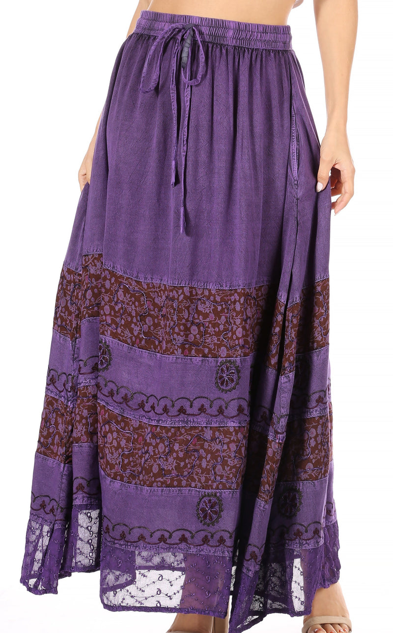 Sakkas Sandra Women's Casual Long Maxi Boho Gypsy Skirt Elastic Waist & Pockets