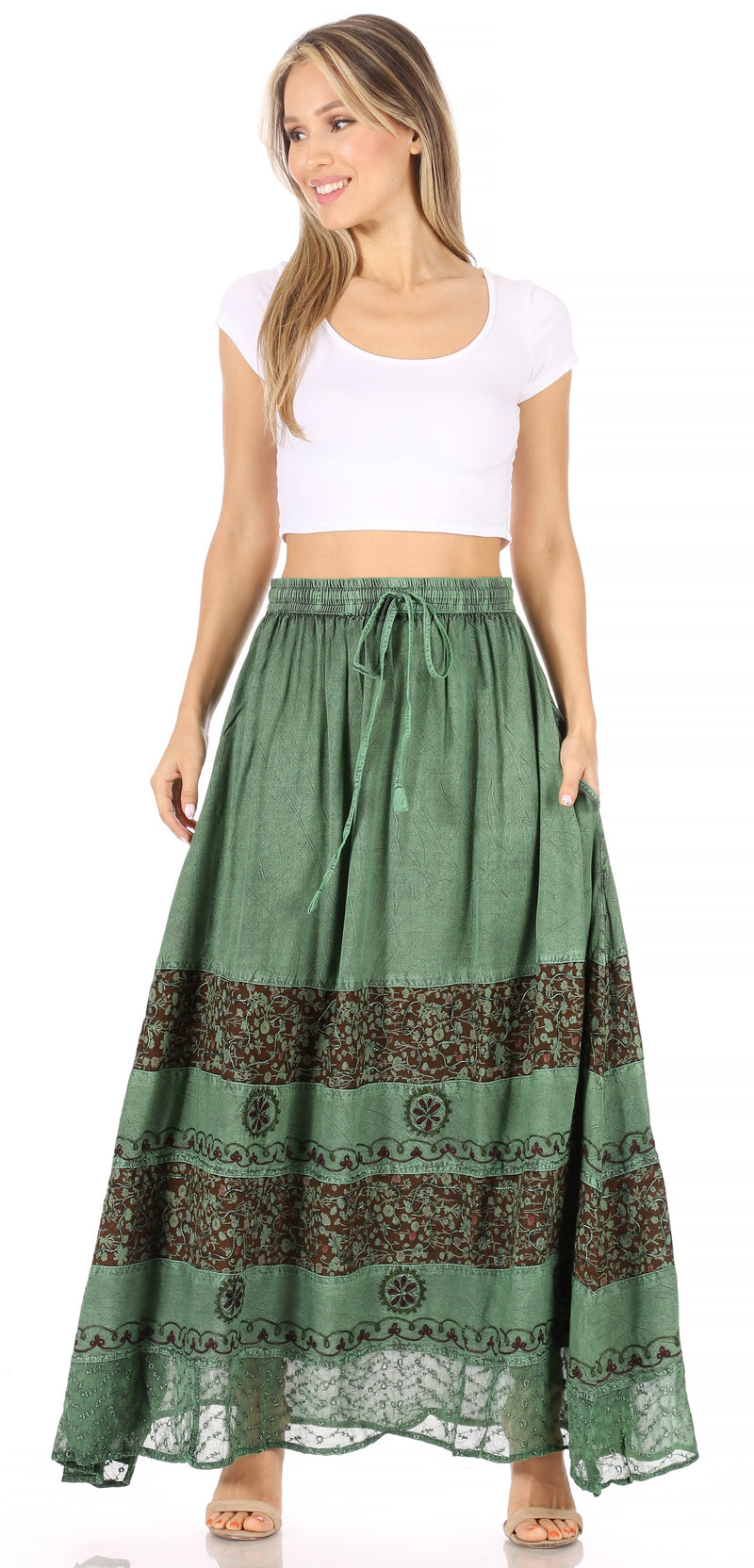 Sakkas Sandra Women's Casual Long Maxi Boho Gypsy Skirt Elastic Waist & Pockets