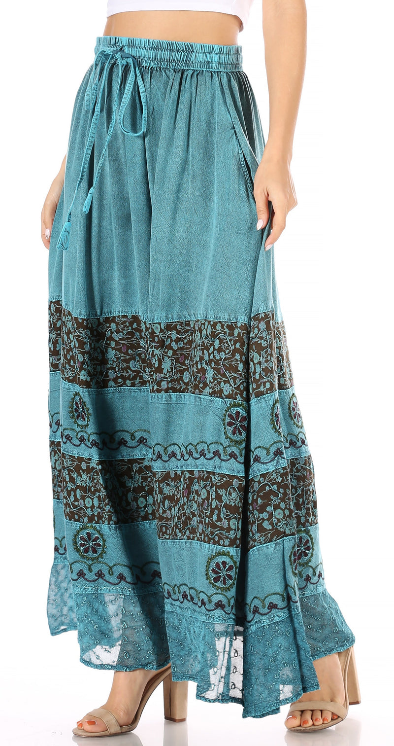 Sakkas Sandra Women's Casual Long Maxi Boho Gypsy Skirt Elastic Waist & Pockets