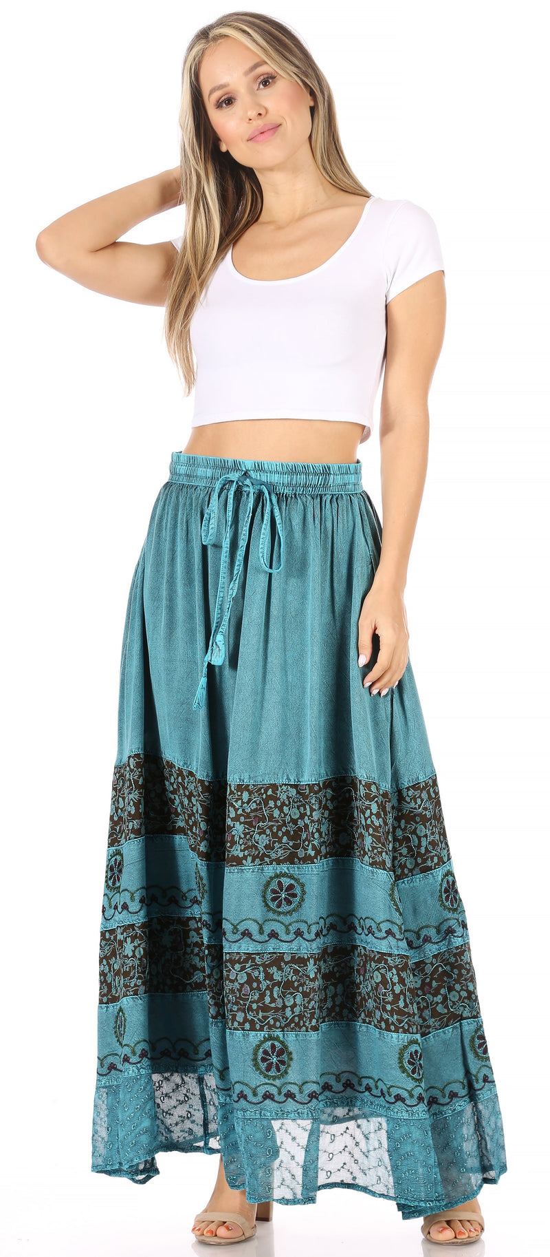 Sakkas Sandra Women's Casual Long Maxi Boho Gypsy Skirt Elastic Waist & Pockets