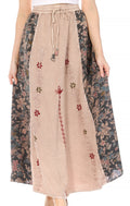 Sakkas Maran Women's Boho Embroidery Skirt with Lace Elastic Waist and Pockets#color_Beige