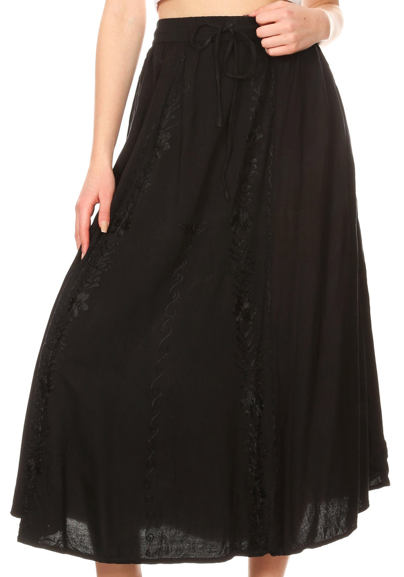 Sakkas Maran Women's Boho Embroidery Skirt with Lace Elastic Waist and Pockets