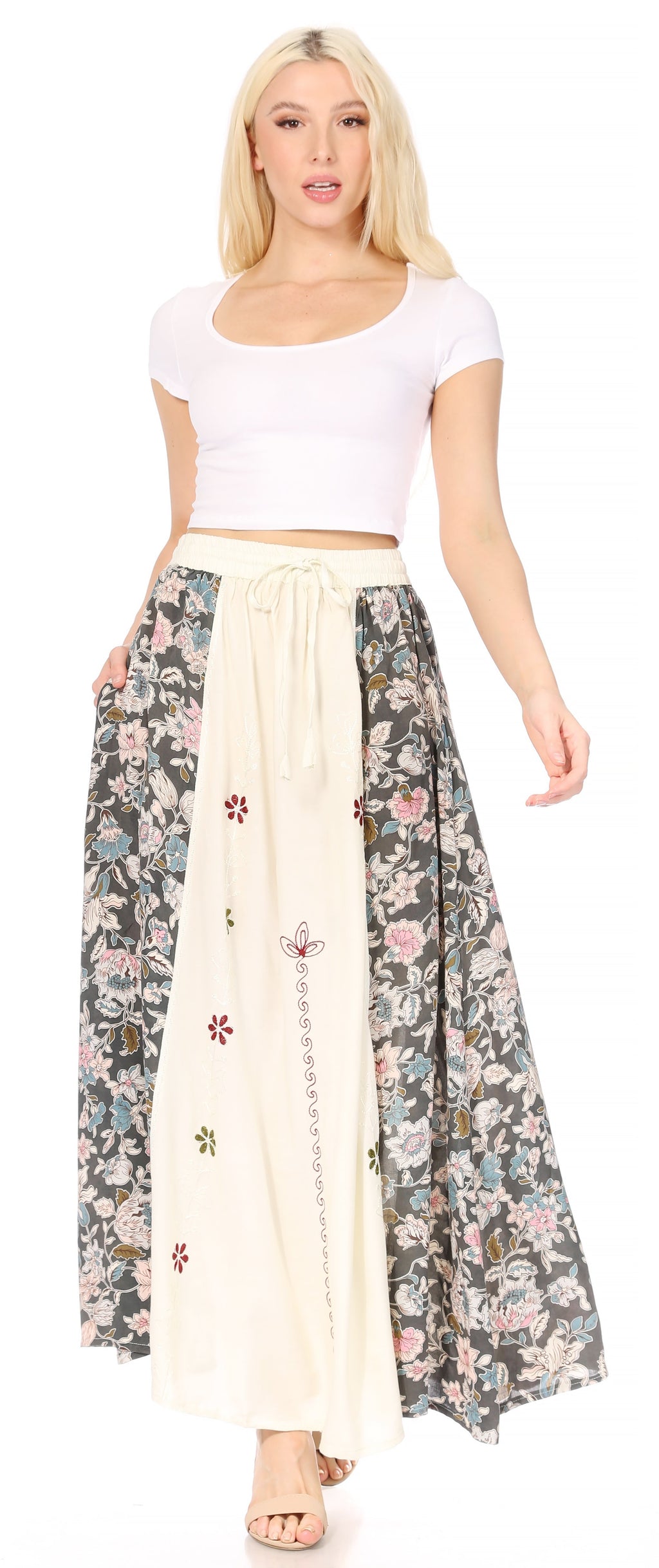 Sakkas Maran Women's Boho Embroidery Skirt with Lace Elastic Waist and