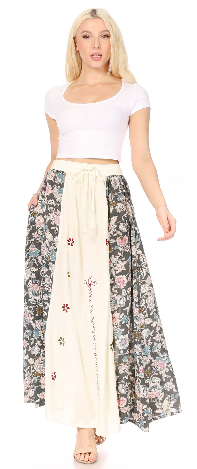 Sakkas Maran Women's Boho Embroidery Skirt with Lace Elastic Waist and Pockets