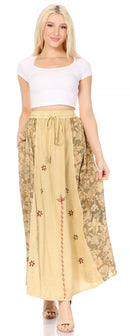 Sakkas Maran Women's Boho Embroidery Skirt with Lace Elastic Waist and Pockets
