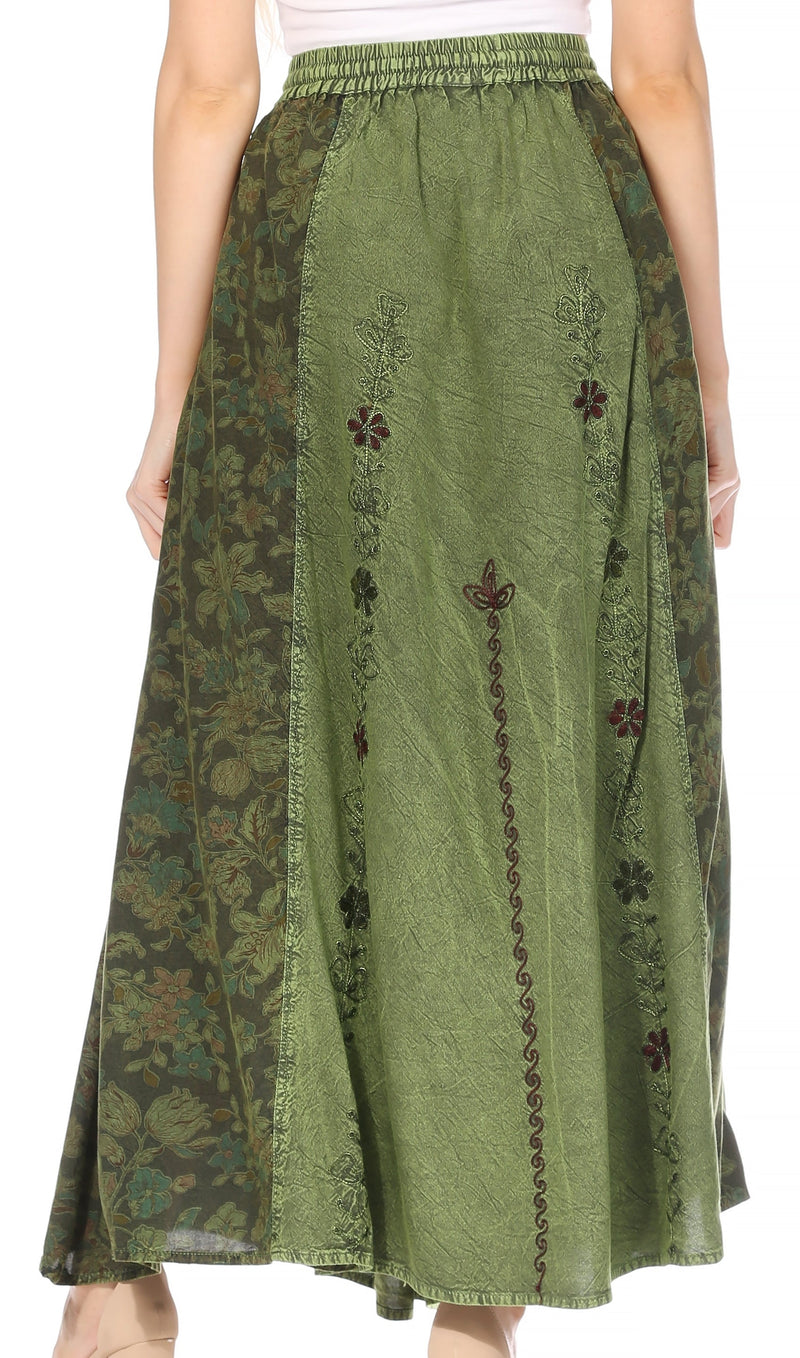 Sakkas Maran Women's Boho Embroidery Skirt with Lace Elastic Waist and Pockets