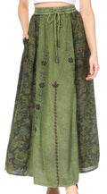 Sakkas Maran Women's Boho Embroidery Skirt with Lace Elastic Waist and Pockets#color_SageGreen