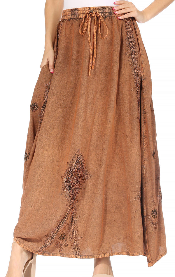 Sakkas Zarah Women's Boho Embroidery Gypsy Skirt with Lace Elastic Waist Pockets#color_Beige